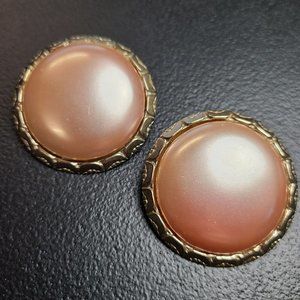 Vintage Statement Earrings 1.5" Clip On Pale Pink Silvertone Plastic Cabochon